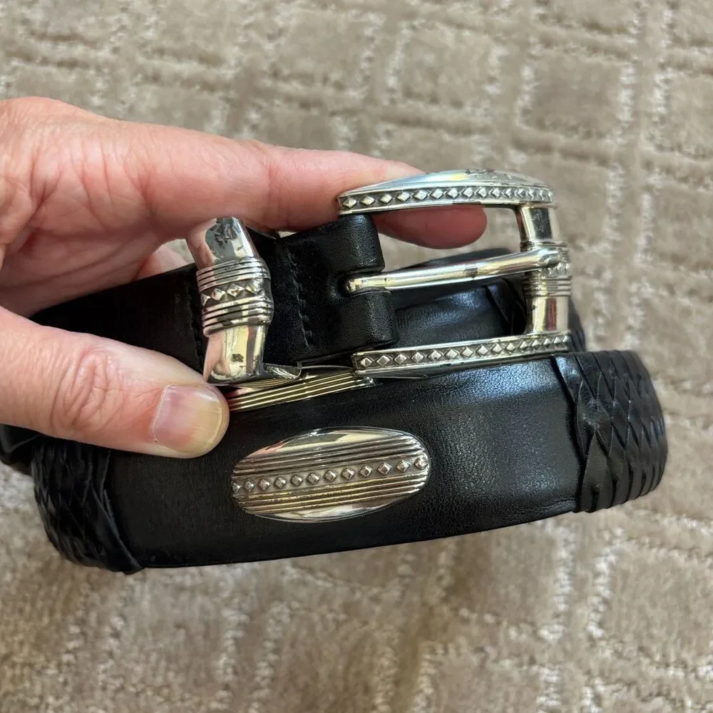 Brighton Black Leather Braided Belt Women's 44 Silver Medallions Buckle Western